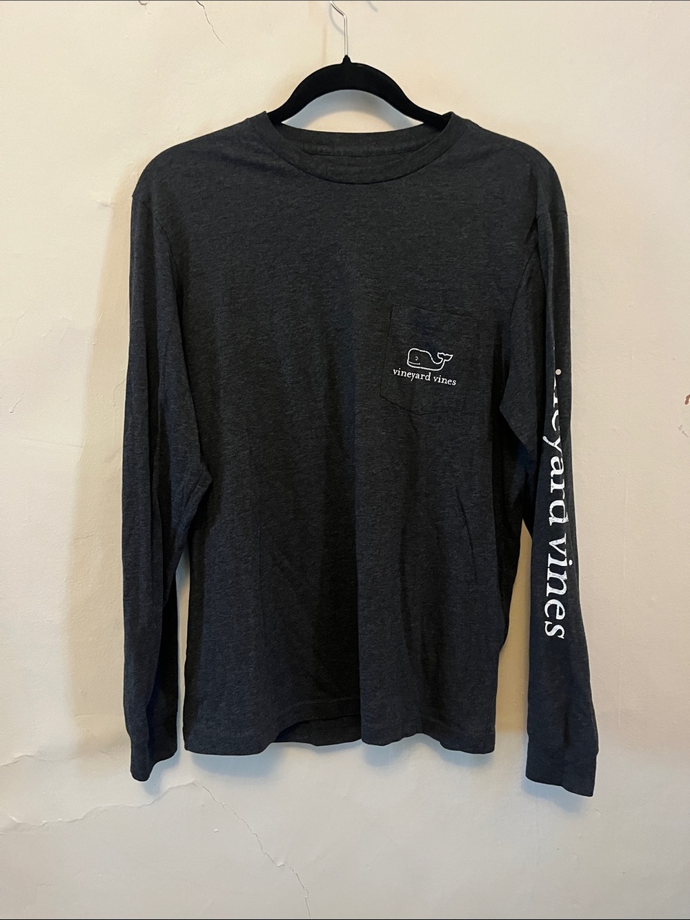 Vineyard Vines Dark Gray Long Sleeve Pocket Tee with Sleeve Logo